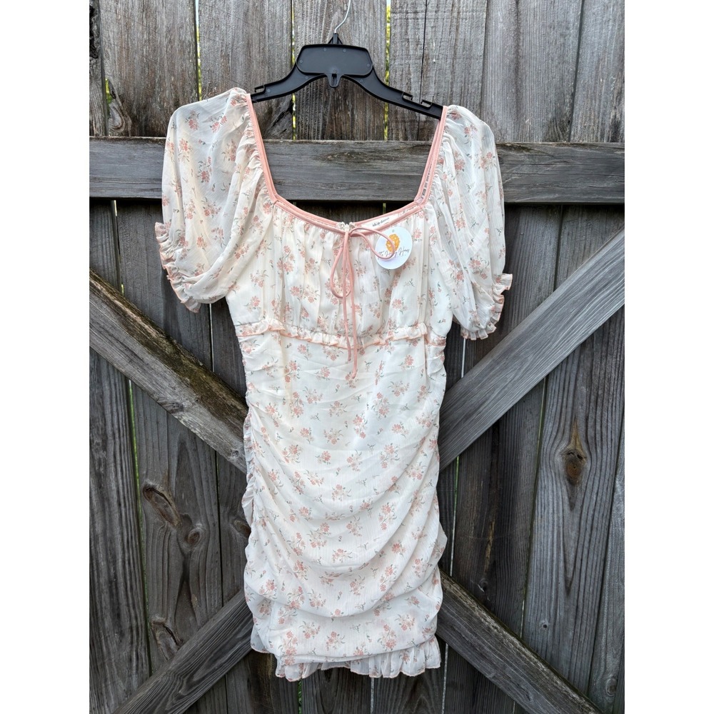 Idem Ditto Womens Floral Ruched Mini Dress Puff Sleeve Pink Cream Cottagecore L